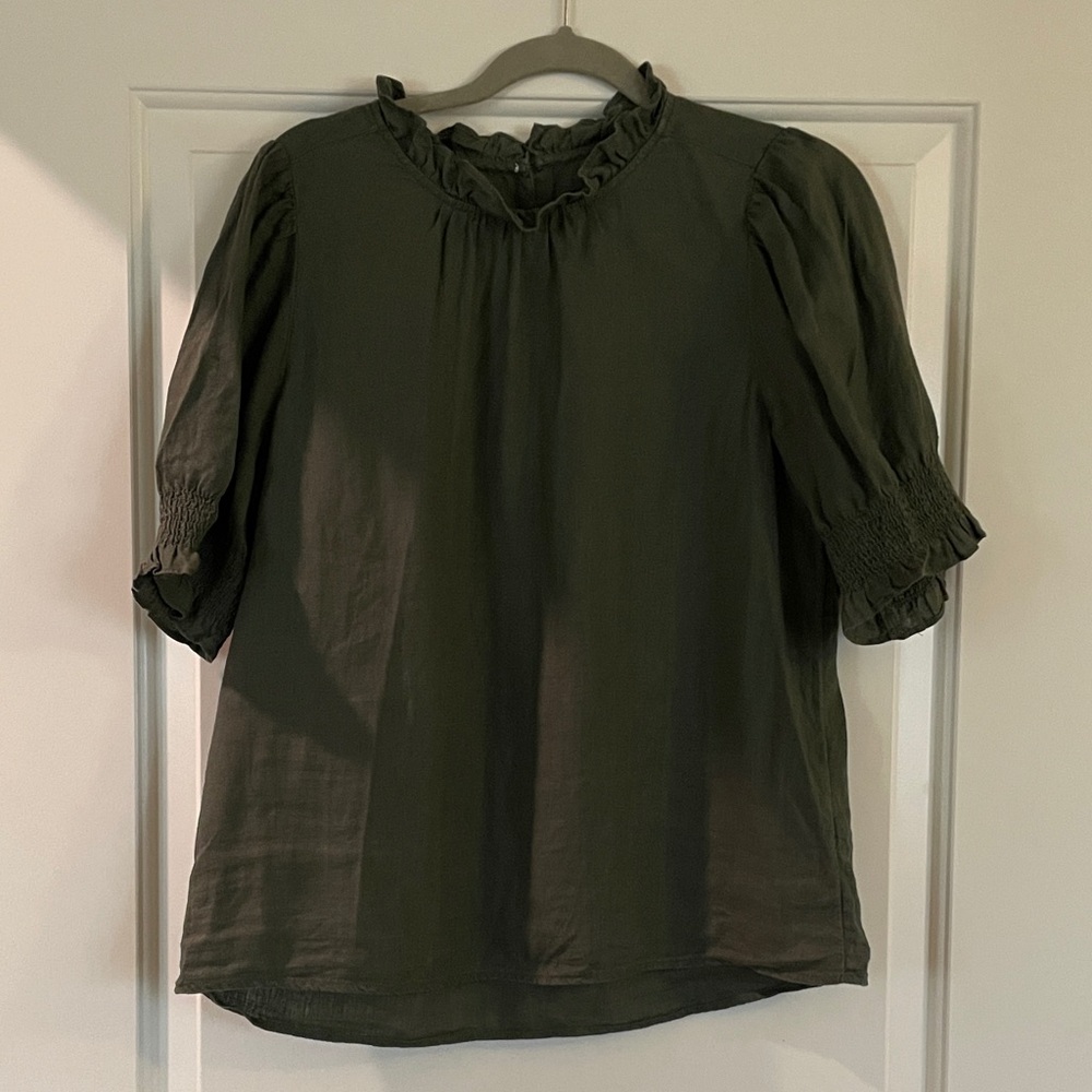 J. Crew Dark Green Ruffled Blouse